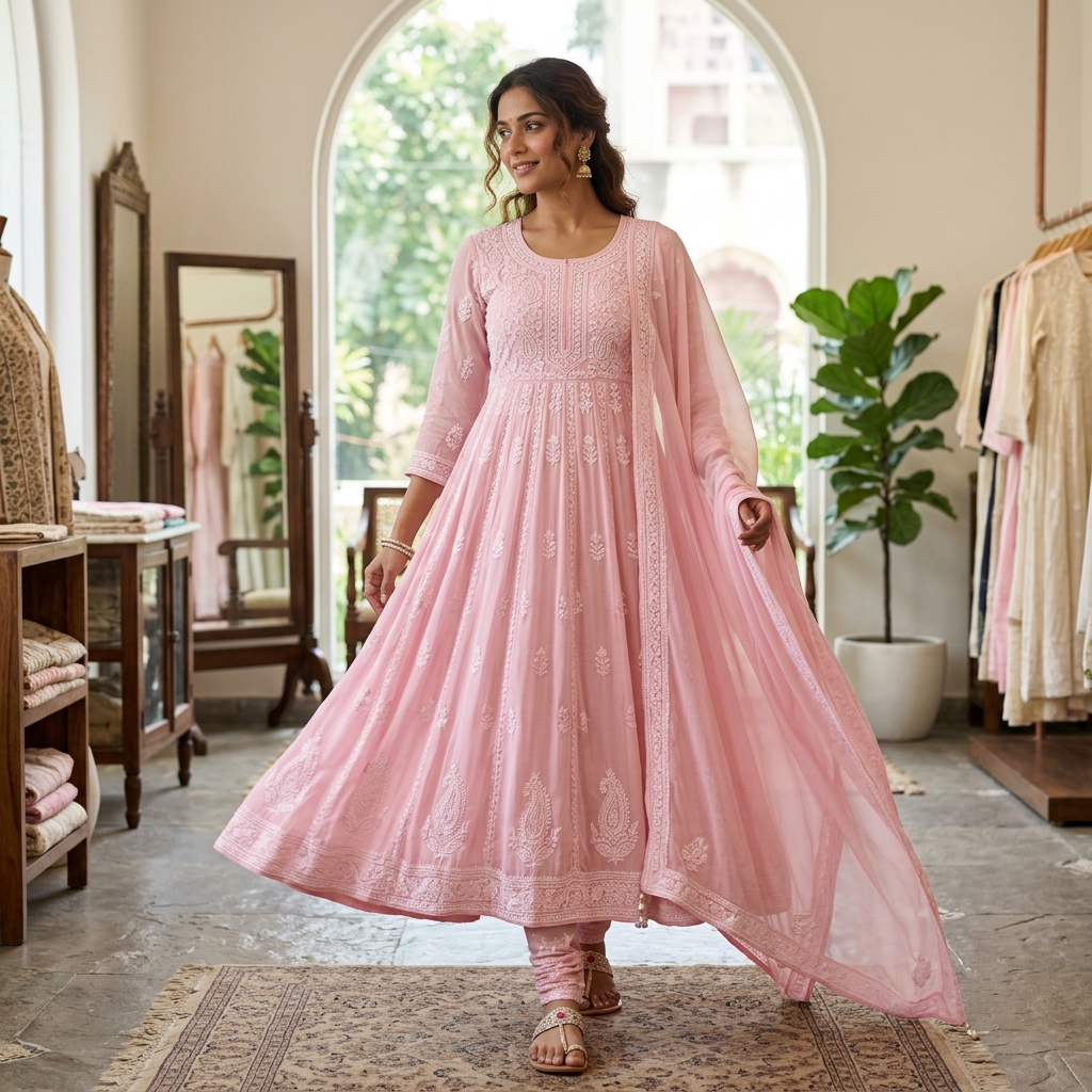 Chikankari Flared Anarkali Suit