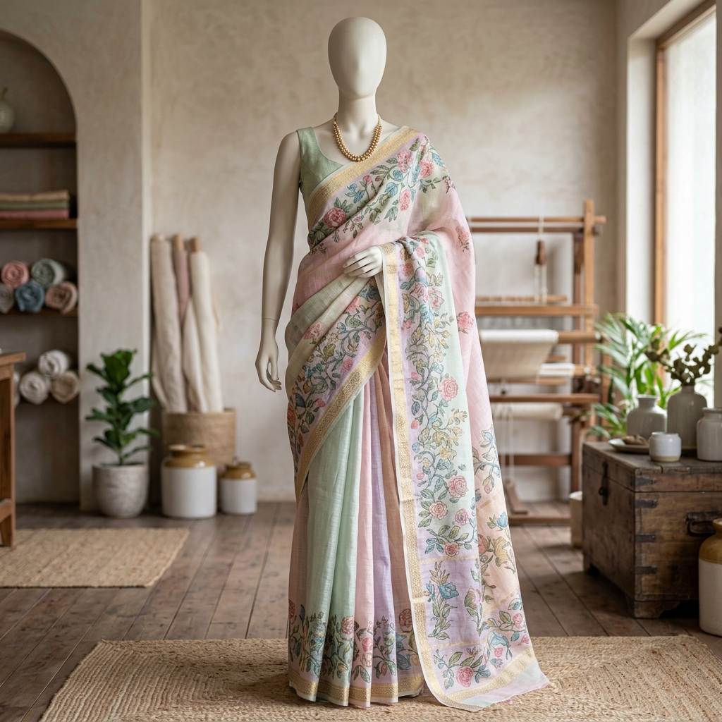 Pastel Bloom Linen Saree